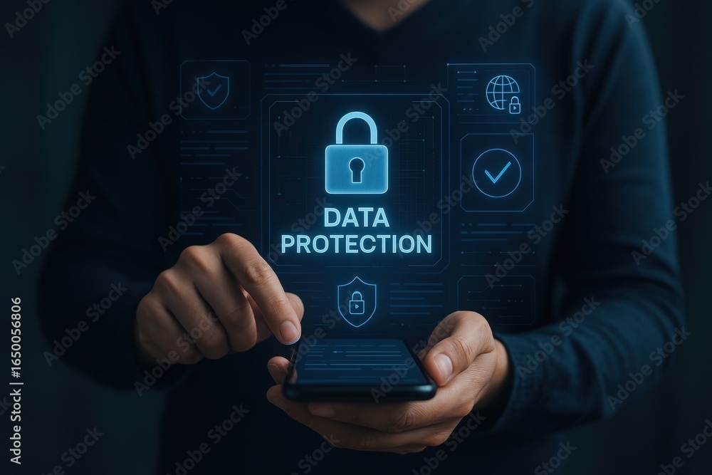Poster person holding a smartphone displaying a data protection interface.