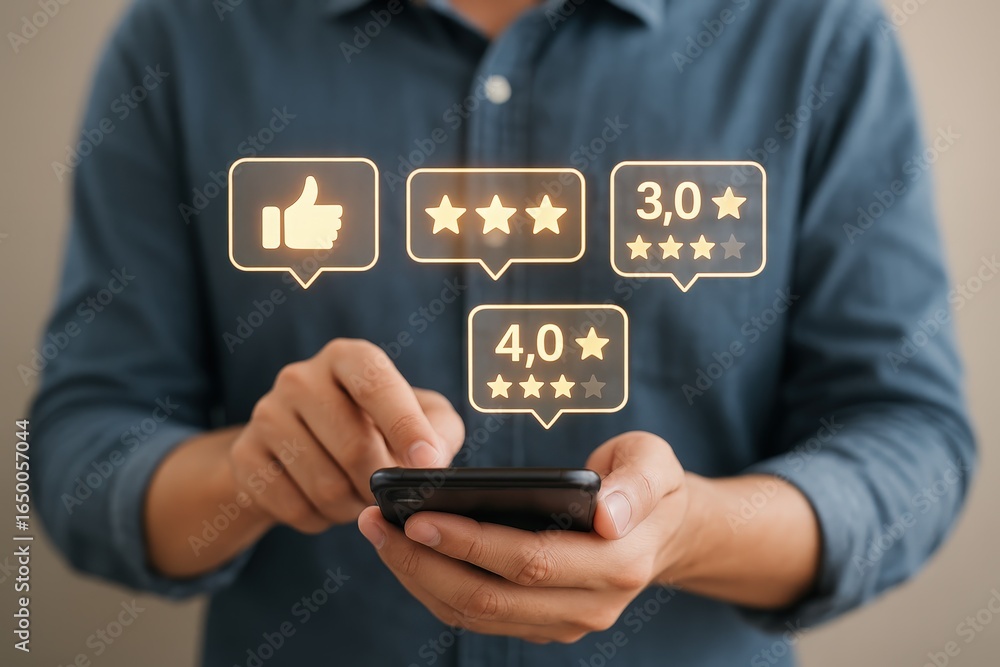 Poster a person interacts with a smartphone displaying glowing feedback indicators.