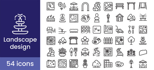 Landscape design icon set with line element symbols for a garden, park, or outdoor plan.

