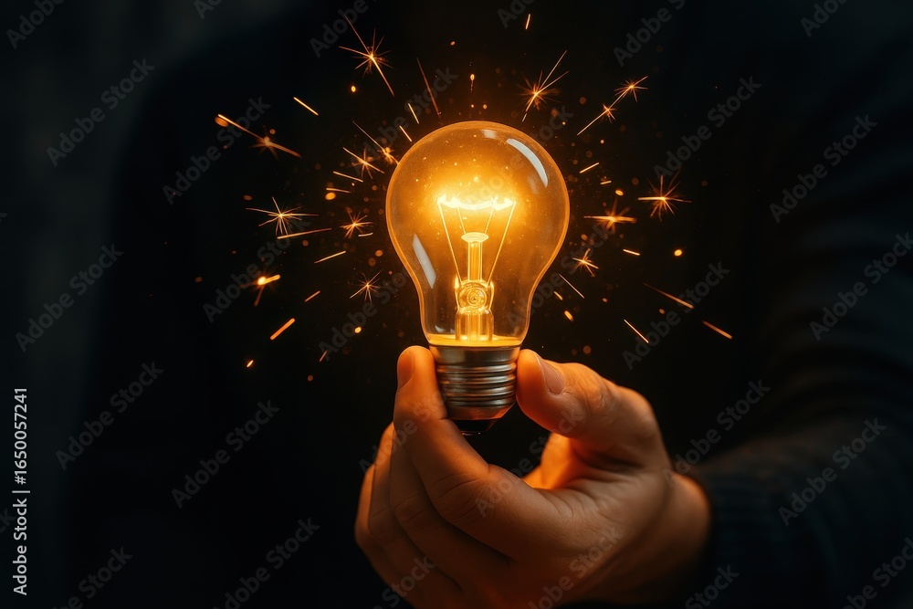 Poster illuminated lightbulb held in hand with sparking particles.