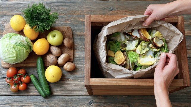 Adult hands composting organic food waste on wooden table with fresh produce