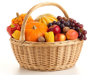 A woven basket filled with a variety of colorful fruits and vegetables on a white background surface