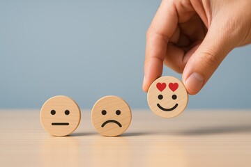 Hand placing a happy face emoticon on a table.