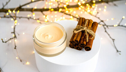 Creamy Cinnamon: A photorealistic, overhead shot of a glass jar brimming with cream and a bundle of cinnamon sticks tied with string. a symphony of warmth. 