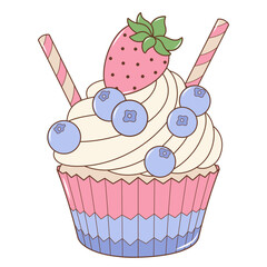 Cream Cupcake With Strawberry and Blueberry Fruits. Flat and Simple Food Illustration.
