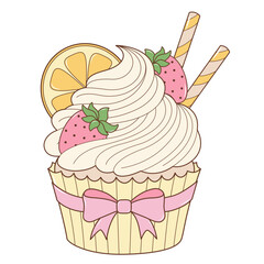 Cream Cupcake With Orange and Strawberry Fruits. Flat and Simple Food Illustration.