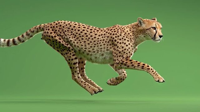 A cheetah with spots leaps forward against a solid green background in a dynamic action shot image green screen animal video