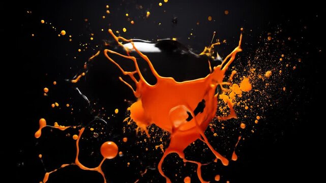 Dynamic Orange and Black Paint Splash Against a Dark Backdrop Creates an Abstract and Colorful Liquid Burst with Fluid Motion and Vibrant Texture