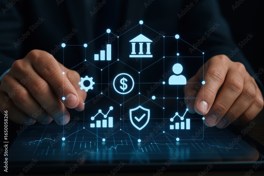 Aufkleber hands interacting with a digital interface displaying financial and business icons.