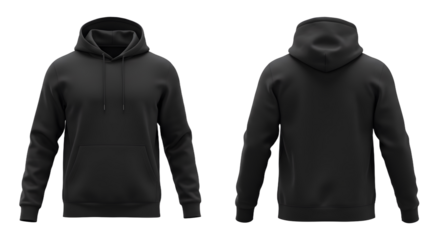 Black hooded sweatshirt front pouch pocket long sleeves ribbed cuffs and hem back view.