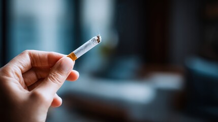 Close up of hand holding lit cigarette with smoke indoors