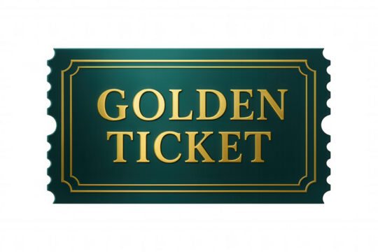 Golden ticket on transparent background granting exclusive access, symbolizing winning, privilege, and special opportunity