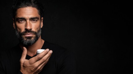 Fototapeta premium Confident Man Holding Skincare Product in a Dimly Lit Setting While Showcasing a Modern Grooming Routine