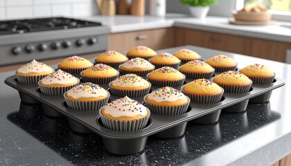 Cupcakes with kitchen counter, and baking.