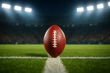 An American football sits centered on a vibrant green field under bright stadium lights at night.