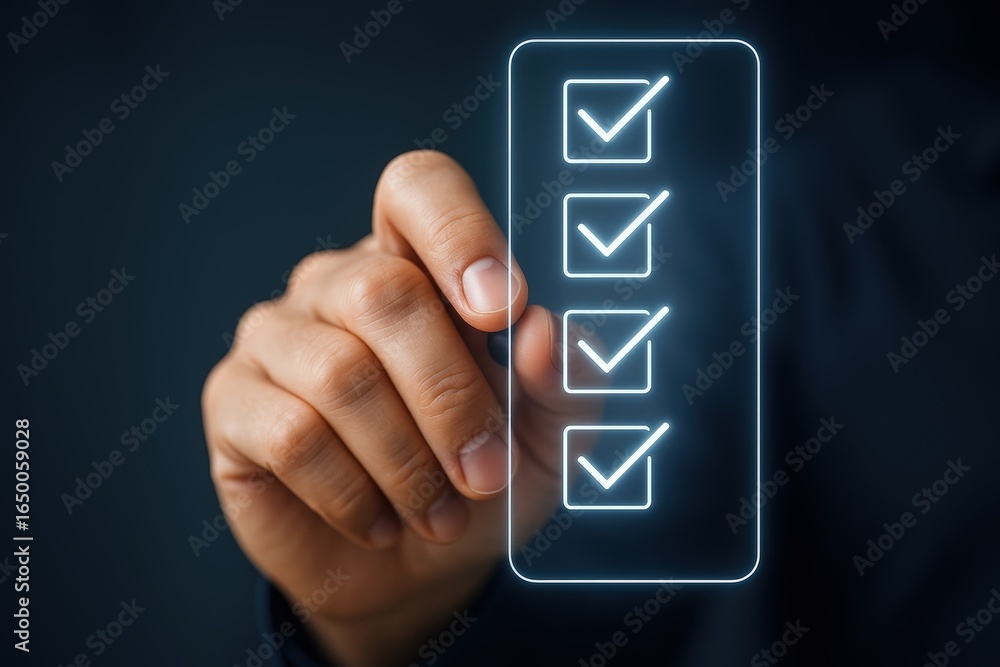 Poster hand interacting with glowing checklist interface.