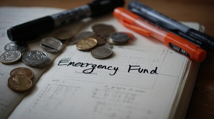 Emergency Fund text in notebook with coins and pens