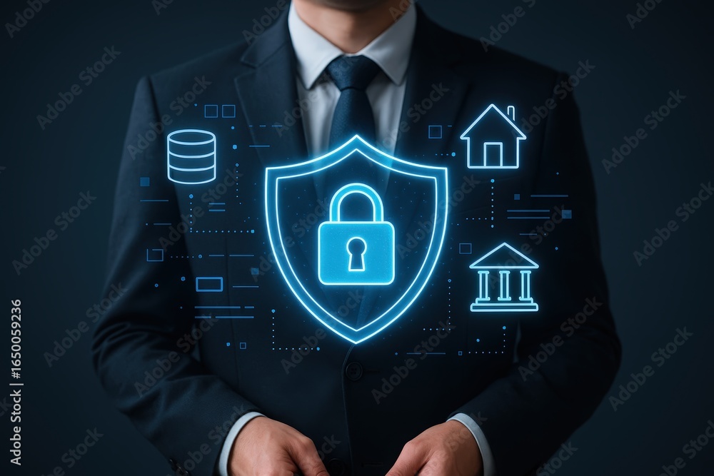 Aufkleber businessperson displaying a digital shield representing data security.