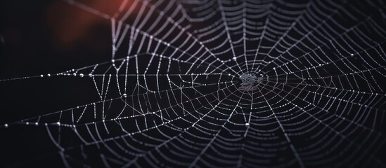 spider web, intricate web, gossamer threads, dew drops, night sky, dark background, detailed texture, sharp focus, high contrast

