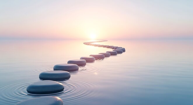 Stepping stones over calm water lead to the bright light of the horizon.