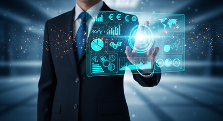 Businessman Interacting with a Futuristic Financial Dashboard