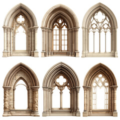 Obraz premium Gothic Architecture Windows: A showcase of detailed Gothic window designs in a range of architectural styles, exhibiting intricate stone carvings and arching forms.