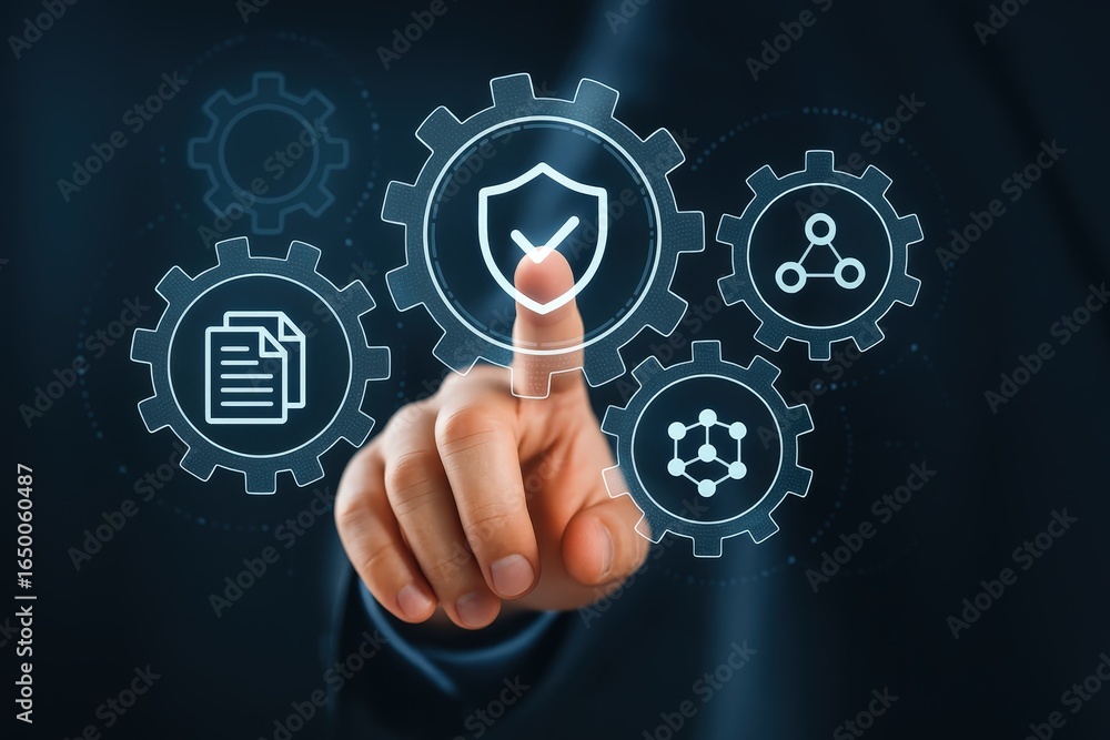 Aufkleber person interacting with digital interface showing security and data management concepts.