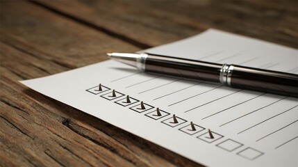 Pen on checklist with completed tasks on rustic wooden table