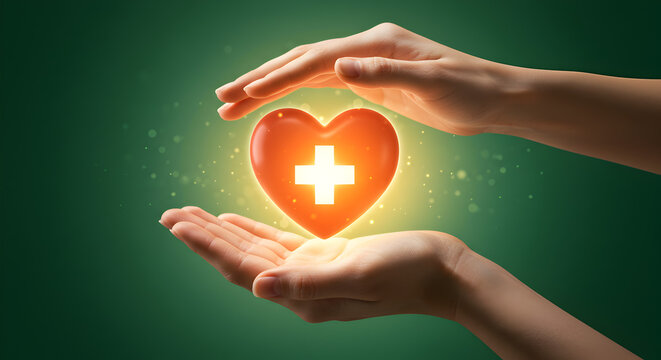 Hands protecting a glowing red heart with a medical cross on green. Health, care, and well-being concept.
