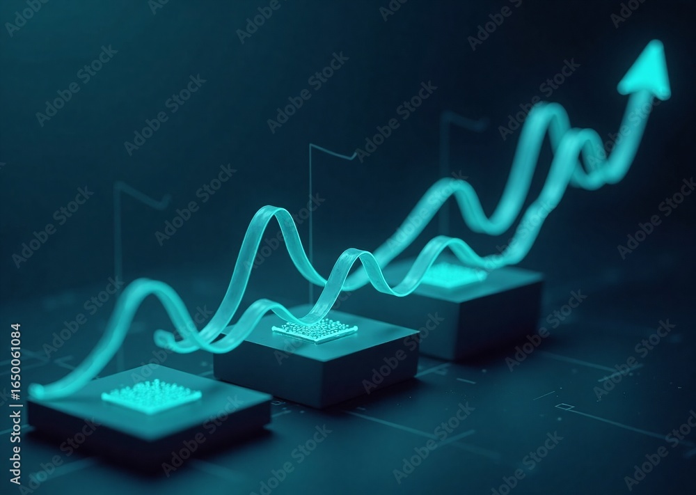 Poster a futuristic digital graph with an ascending glowing line visualizes growth and progress over multip