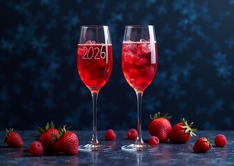 Two elegant glasses filled with refreshing red drinks, adorned with ice and fresh berries, against a festive snowy blue backdrop.