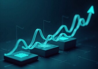 A futuristic digital graph with an ascending glowing line visualizes growth and progress over multiple stages, depicting positive trends.