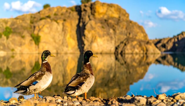 Two mallards by a tranquil lake.