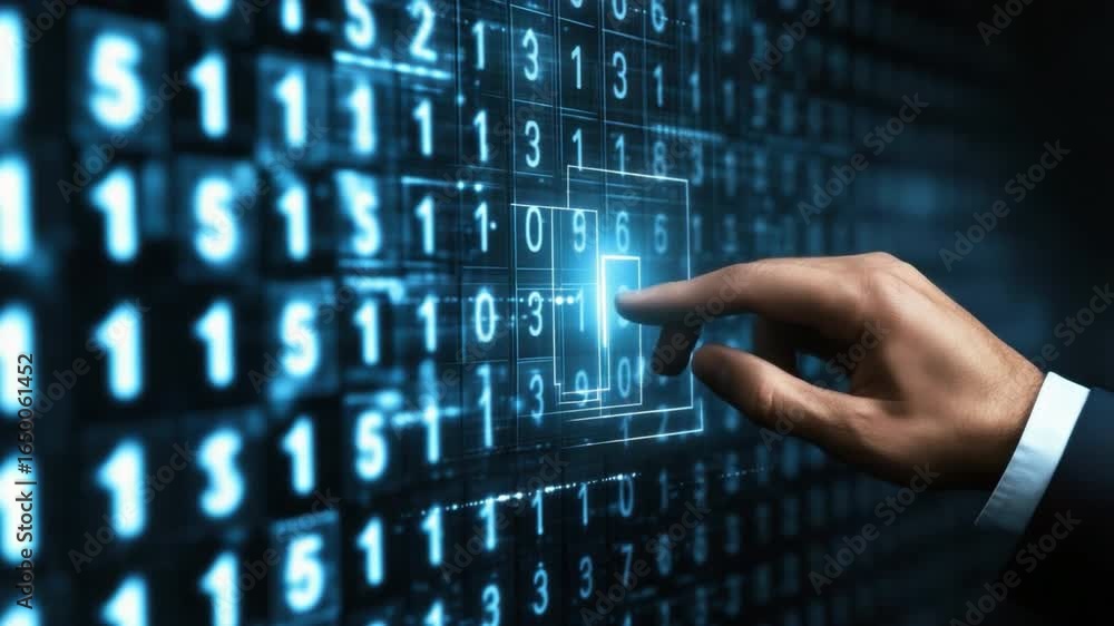 Poster digital interaction with data matrix displaying numeric code and touch technique in modern technolog