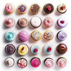 Colorful cupcakes arranged in a grid pattern on a white background (1)