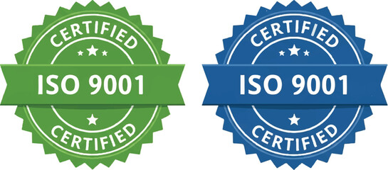 ISO 9001 Certified Seal Badges in Green and Blue | Quality Management System Certification for Business and Manufacturing
