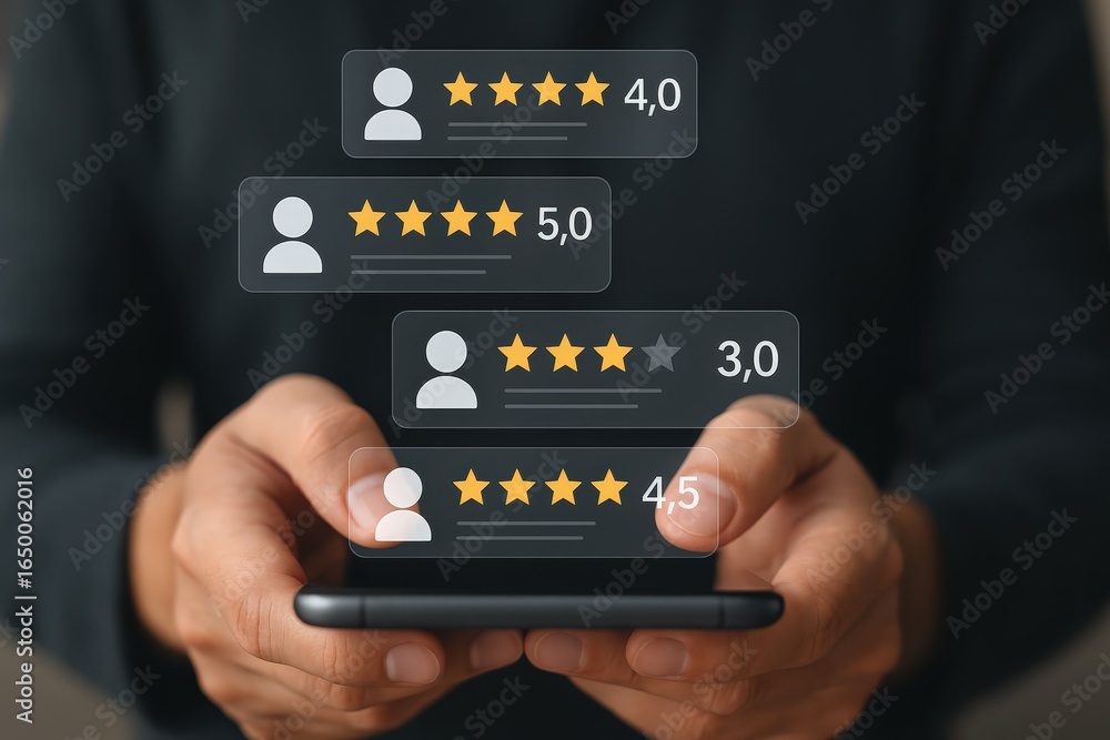 Aufkleber hands interacting with a mobile phone displaying customer reviews.