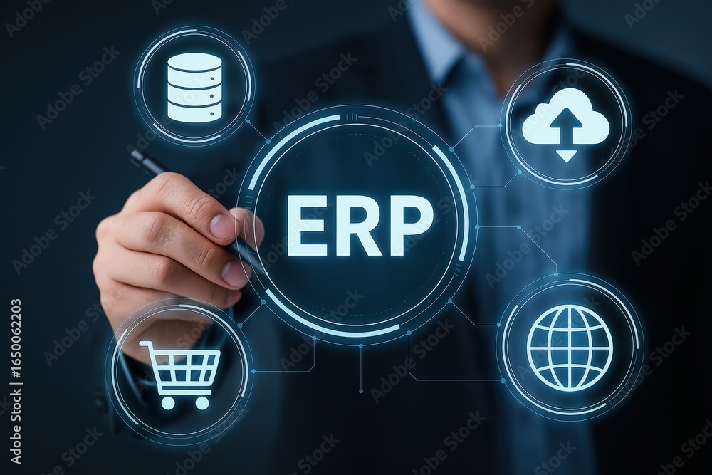 Poster businessperson interacts with a touch screen display featuring an erp system.