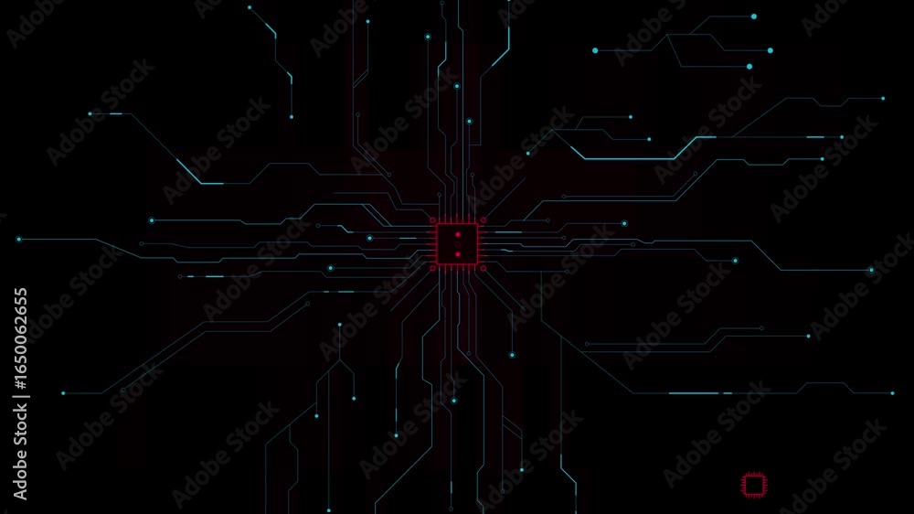 Poster a red circuit board with glowing lines animates against a black background. the lines pulse and move