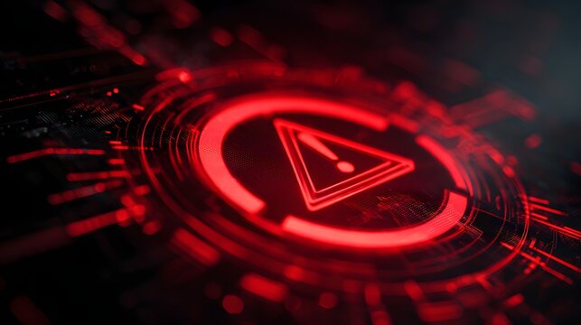 Red digital alert warning symbol on futuristic cyber interface
