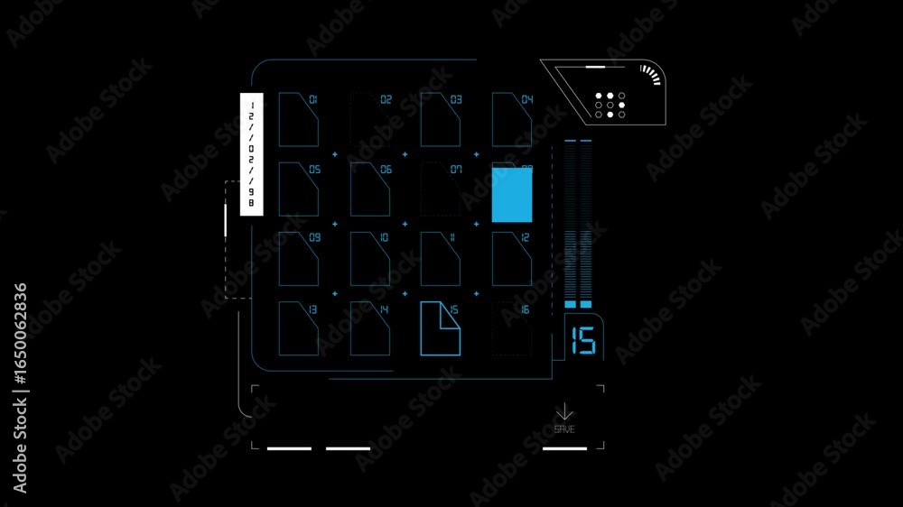 Poster a digital interface with a grid of numbered squares, a blue square in the center, and a save button 