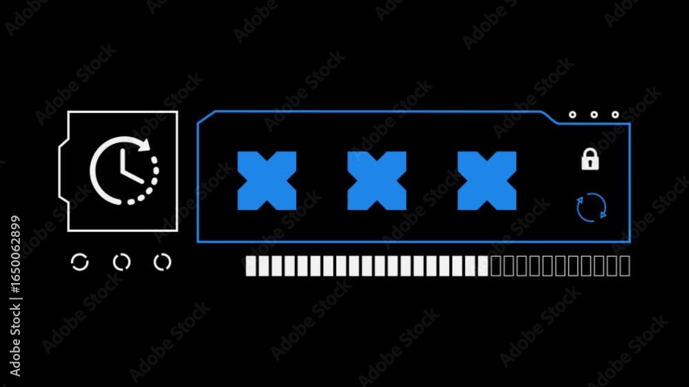 Poster a black screen with a loading bar at the bottom. there are icons at the top including a clock with a