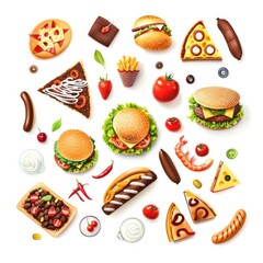 Assorted food illustrations, various types of fast food items