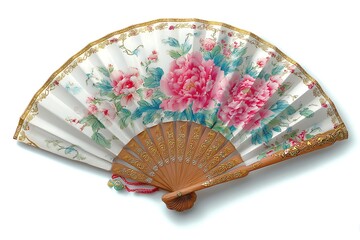 Ornate white folding fan with pink peonies and golden trim white fan