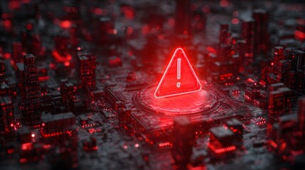 Red holographic alert warning symbol over futuristic digital city interface
