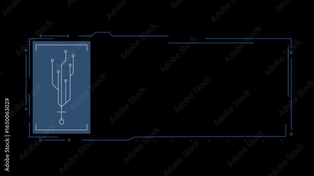Poster a blue rectangle with a white, animated circuit board design inside. the design is a stylized tree s
