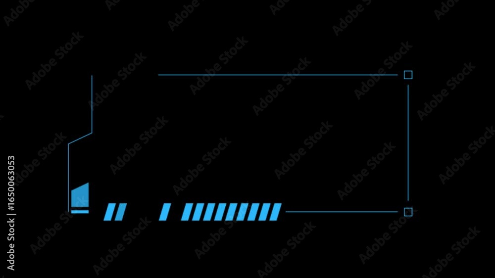 Poster a blue loading bar animates across a black background. the bar is composed of several vertical bars,