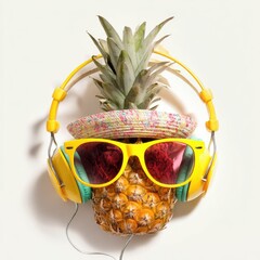 Pineapple with headphones, sunglasses, and a hat