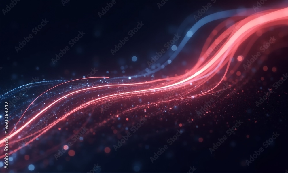 Poster vibrant abstract digital waves of red and blue light with sparkling particles, conveying energy and 