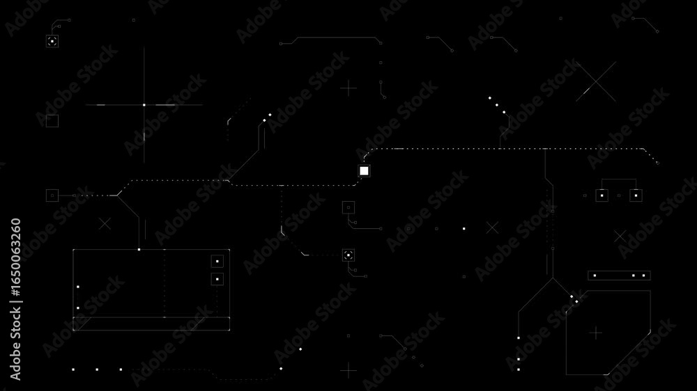 Poster a digital interface with glowing lines and shapes moves and pulses on a black background